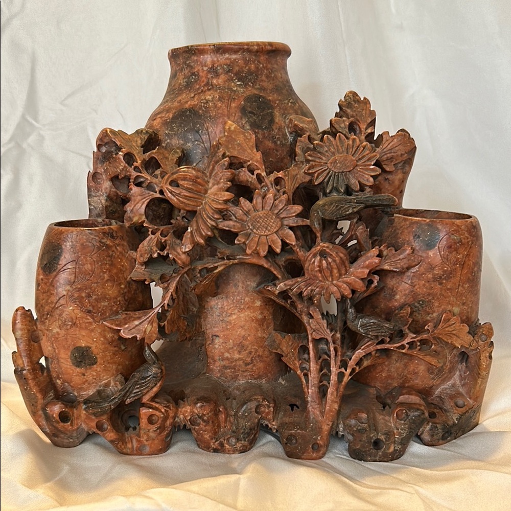 Soapstone Carved Floral Vase
